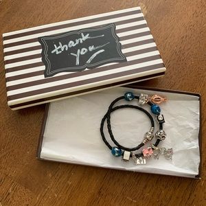 Pandora Leather Double Bracelet Necklace with World Traveler Theme Charms